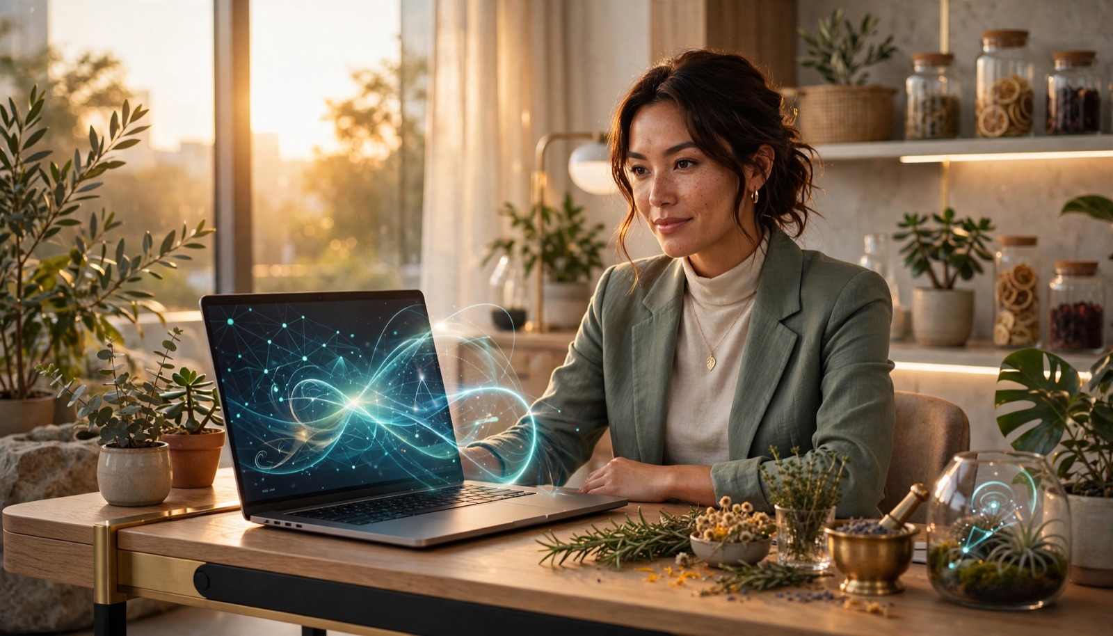 Naturopata em sua mesa com notebook, plantas e luz dourada