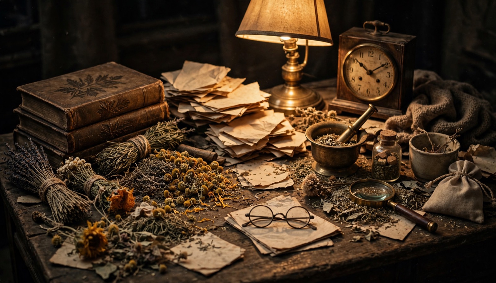 Mesa antiga cheia de papéis, livros e ervas secas à luz de um abajur