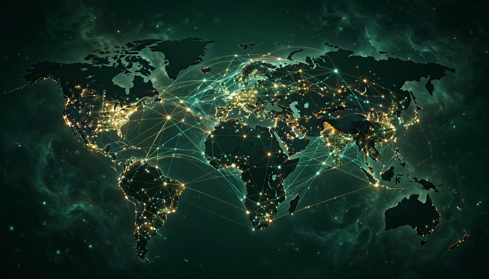 Rede dourada conectando pessoas por todo o mapa-múndi